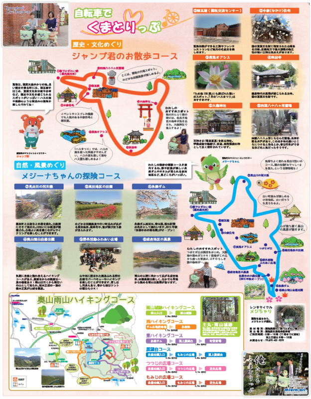 ジャンプくんのお散歩コースとメジーナちゃんの探検コース、奥山雨山ハイキングコースの地図