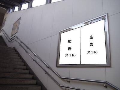 駅のホームへ上がる階段の壁に設置された、2つの広告が掲示できる場所の写真