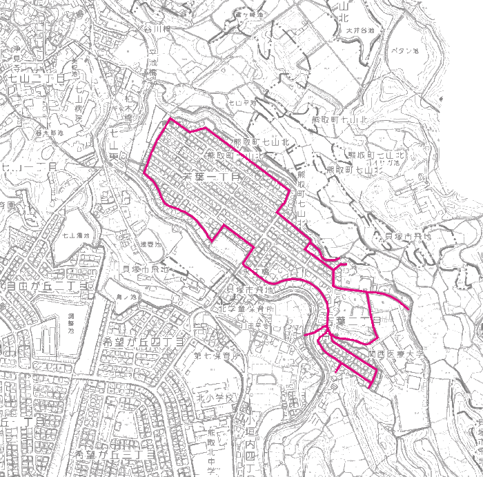 濃いピンク色で囲んでいる若葉地区のゾーン30区域の地図