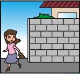 屋外で地震が発生し、女性がブロック塀から離れているイラスト
