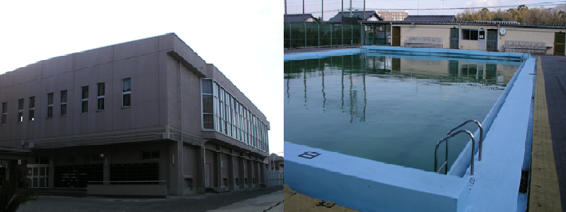 左：右側の2階の窓が大きなガラス窓になっている熊取北中学校の体育館の写真。右：水が入っているプールの写真