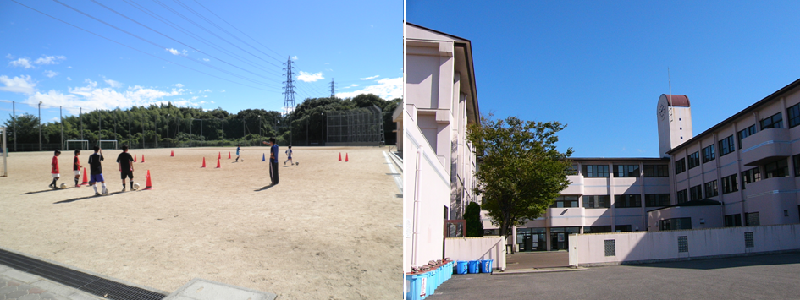 熊取南中学校の写真(左:運動場に赤いコーンがいくつか置かれ生徒達がサッカーをしている様子の写真、右側：コの字型に建てられた3階建て校舎の熊取南中学校の外観写真