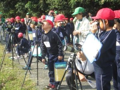赤い帽子を被った生徒たちが集まり望遠鏡や双眼鏡をそれぞれ覗いている写真