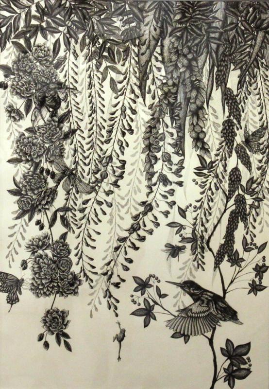 画面いっぱいに花や蔦、葉っぱが描かれ、右下に一匹の鳥が描かれている作品