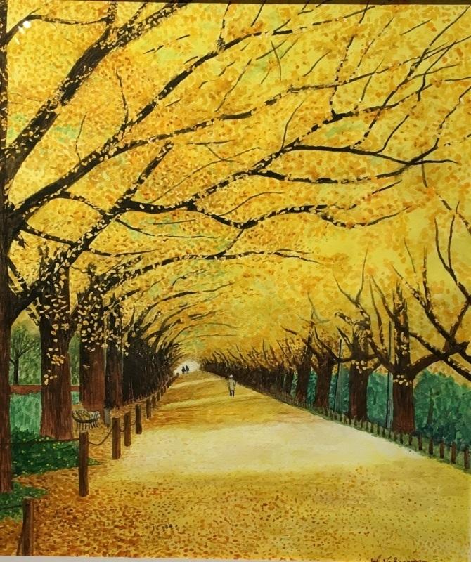 頭上も道も黄色で埋め尽くされた銀杏並木の様子を描いた作品