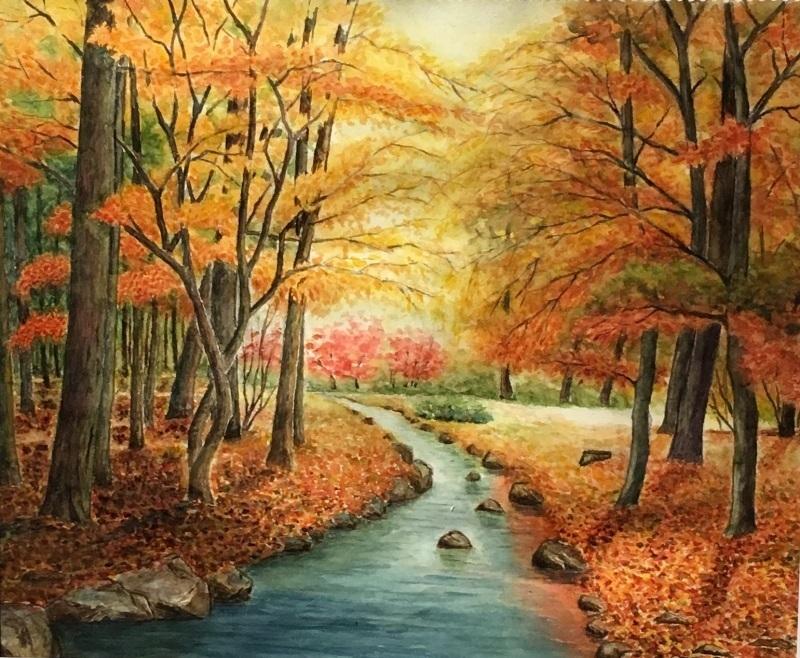 中央は川が流れていて、両脇には茶色の葉のついた木が並んでいる様子が描かれた作品