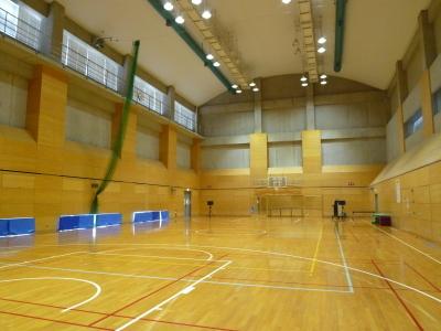 板張りの床と高い天井がある体育館の様なサブアリーナの室内の写真