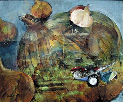 画面いっぱいに大きな玉ねぎが描かれ、右下にバイクのような乗り物が描かれている作品