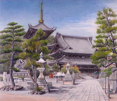 右側には石畳の道、左側には石で造られた灯籠や木、奥には大きな寺が描かれている作品