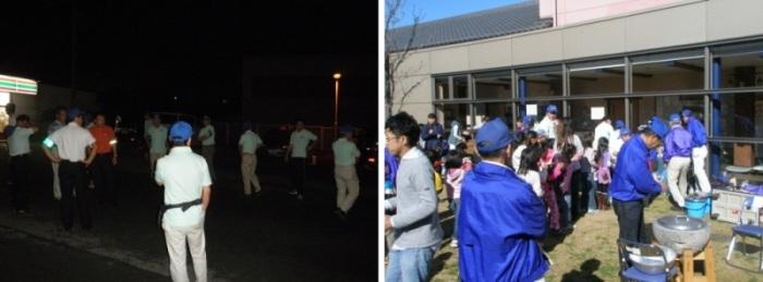 左：夜間、青少年指導員の活動のために集まった指導員の写真、右：イベントスタッフとして活動している指導員の写真