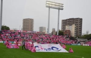 ピンクのカッパを着た小学生がフラッグべアラーとして旗を持ている写真